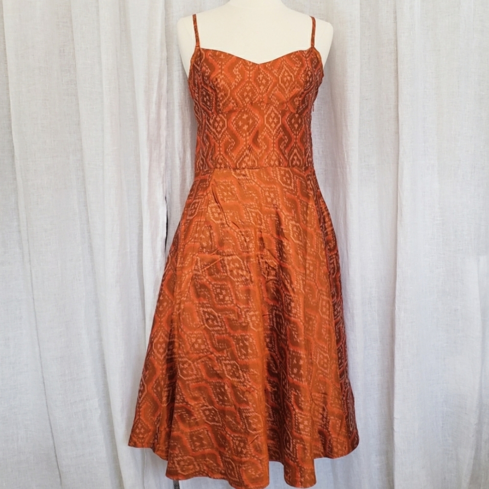 Burnt Orange Ikat silk dress by Banana